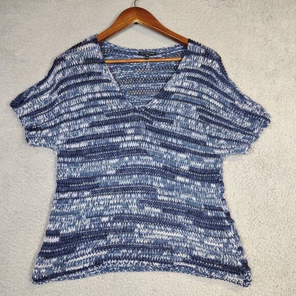 Eileen Fisher Tops - Eileen Fisher Top Women's Medium Blue Striped Crochet Knit V-Neck Coastalcore
